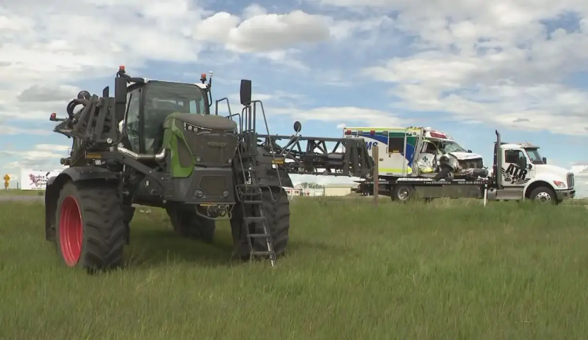 Critical Patient Airlifted After Ambulance Hits Tractor North of Calgary